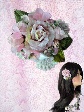 Handmade Pale Pink Velvet Millinery Rose Hair Clip Posey Fairycore Vintage Style
